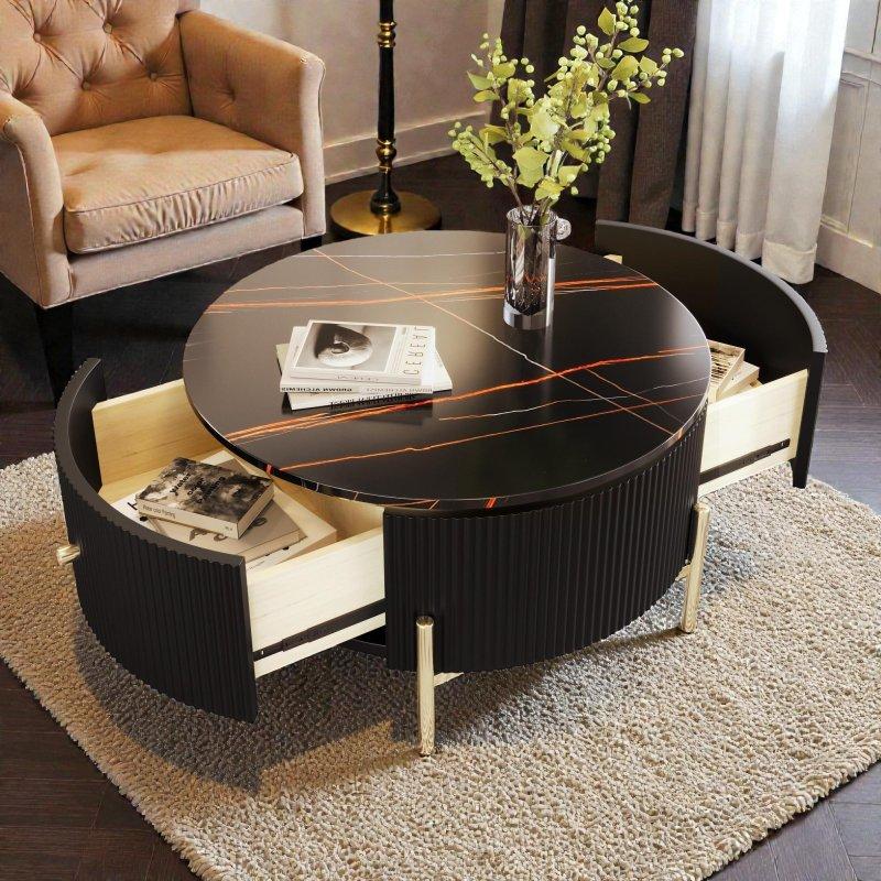 Mermer Desenli MDF 2 Çekmeceli Gold Metal Ayaklı Yuvarlak Orta Sehpa - 240168