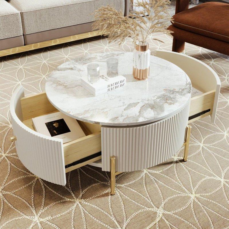 Mermer Desenli MDF 2 Çekmeceli Gold Metal Ayaklı Yuvarlak Orta Sehpa - 81x44 cm - 243076