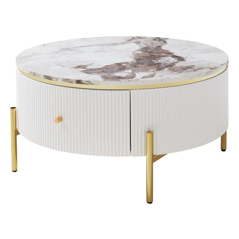 Mermer Desenli MDF 2 Çekmeceli Gold Metal Ayaklı Yuvarlak Orta Sehpa - 81x44 cm - 243076
