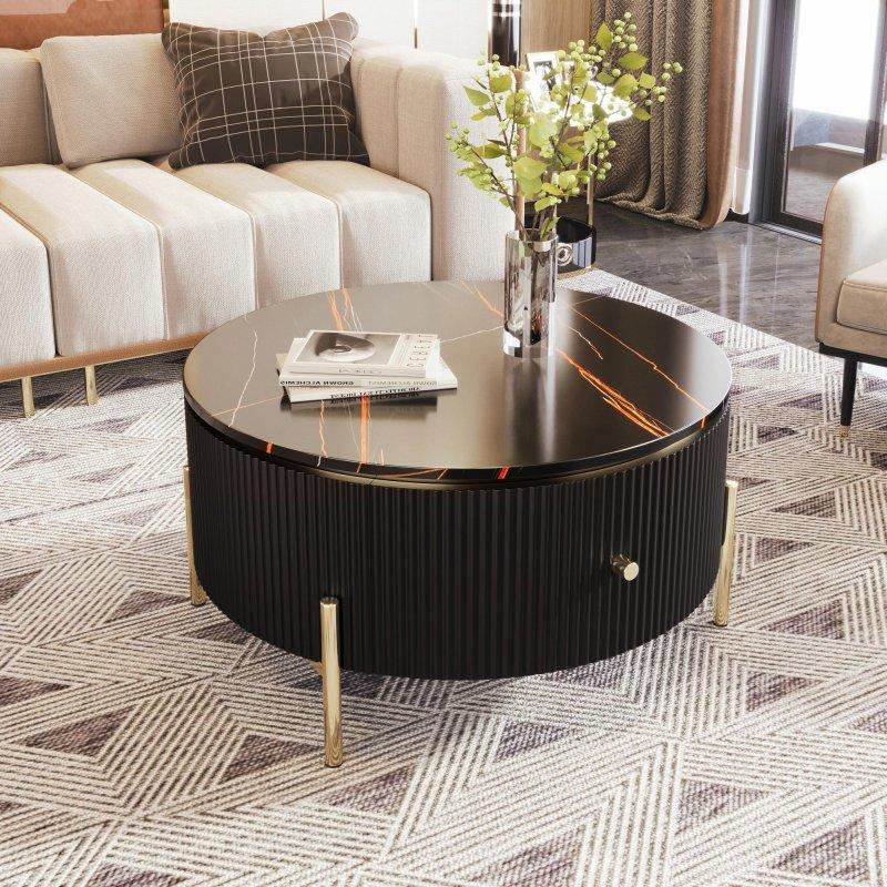 Mermer Desenli MDF 2 Çekmeceli Metal Ayaklı Yuvarlak Orta Sehpa - 81 cm - 242441