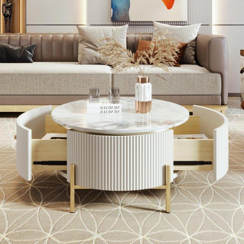 Mermer Desenli MDF 2 Çekmeceli Metal Ayaklı Yuvarlak Orta Sehpa - 81 cm - 242441