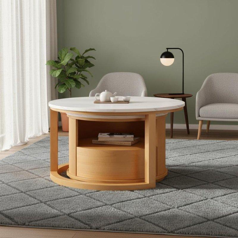 Mermer Desenli MDF Çekmeceli Yivli Zigon Yuvarlak Orta Sehpa Seti - 73 cm - 240456