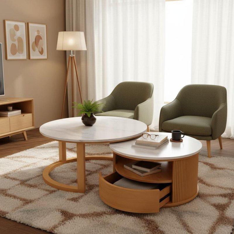 Mermer Desenli MDF Çekmeceli Yivli Zigon Yuvarlak Orta Sehpa Seti - 73 cm - 240456