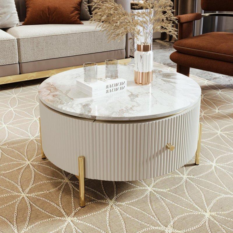 Mermer Desenli MDF Gold Ayaklı Depolamalı Yuvarlak Orta Sehpa - 81 cm - 239662