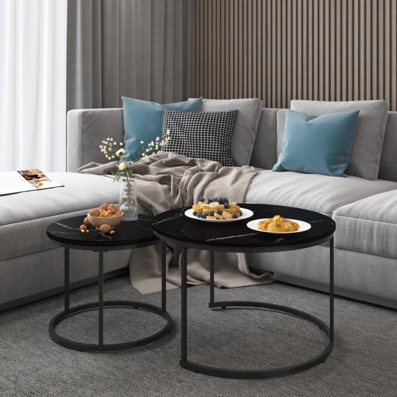Mermer Desenli MDF ve Metal Zigon İkili Yuvarlak Orta Sehpa Seti - 242034