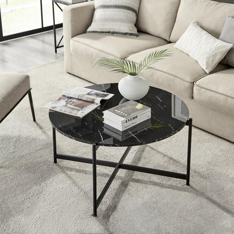 Mermer Desenli Siyah Metal Çerçeve Ayaklı Yuvarlak Orta Sehpa - 90 cm - 244342