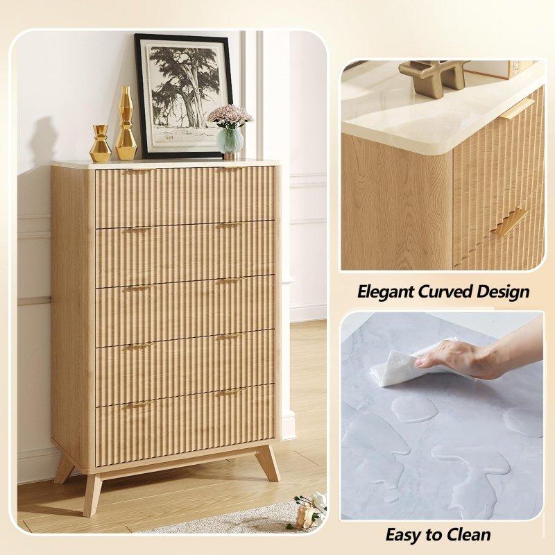 Mermer Görünümlü Yivli 5 Çekmeceli MDF Şifonyer - 82x41x123 cm - 295237