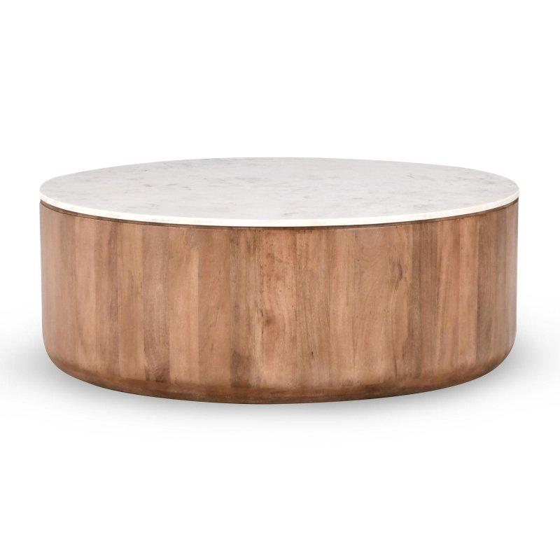 Mermer Tabla Mango Ağacı Tambur Kaideli El Yapımı Yuvarlak Orta Sehpa - 117x44 cm - 240421