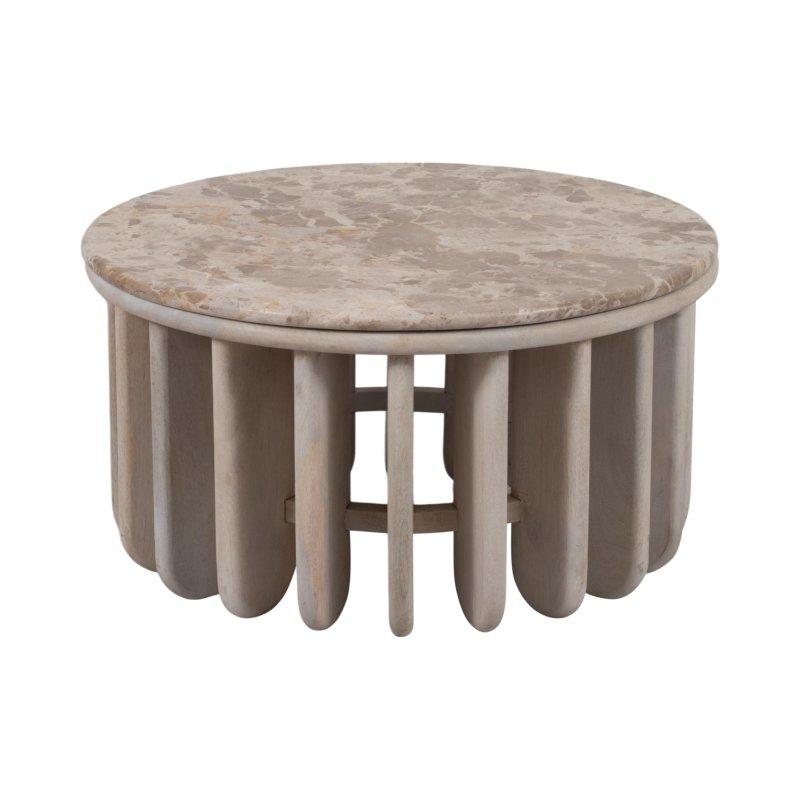 Mermer Tablalı Ahşap Ayaklı Beyaz Yuvarlak Orta Sehpa - 77x41 cm - 240892