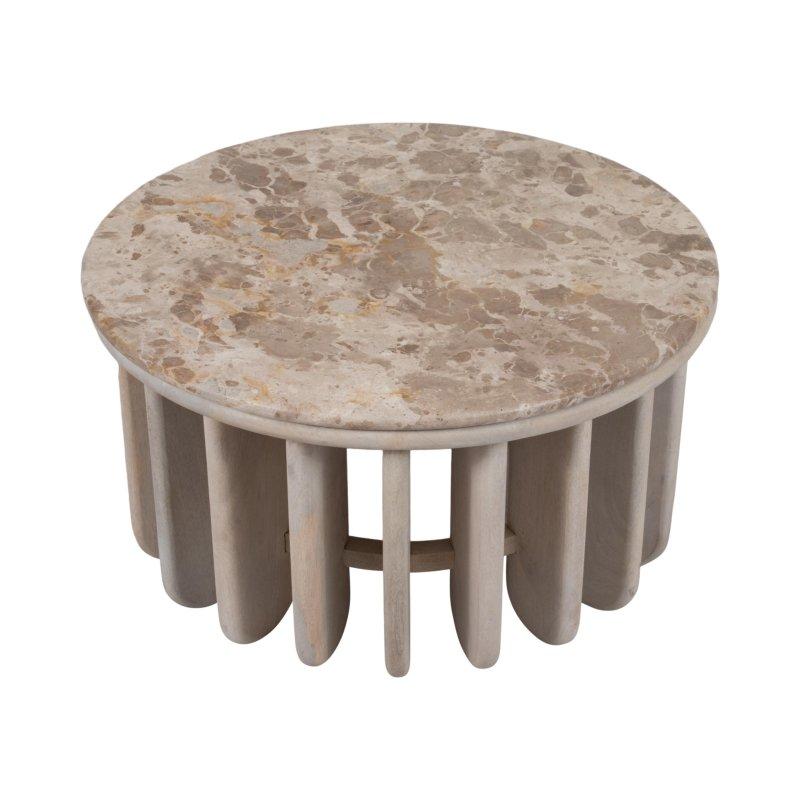 Mermer Tablalı Ahşap Ayaklı Beyaz Yuvarlak Orta Sehpa - 77x41 cm - 240892