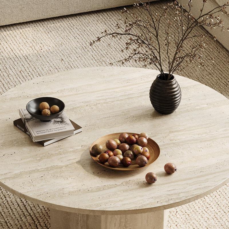 Meşe Ahşap Petek Tabanlı Yivli Detaylı Yuvarlak Orta Sehpa - 90 cm - 244998