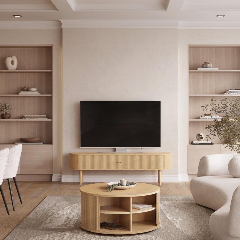 Meşe Ahşap Raflı ve Sürgülü Kapaklı Yuvarlak Orta Sehpa - 90 cm - 245272