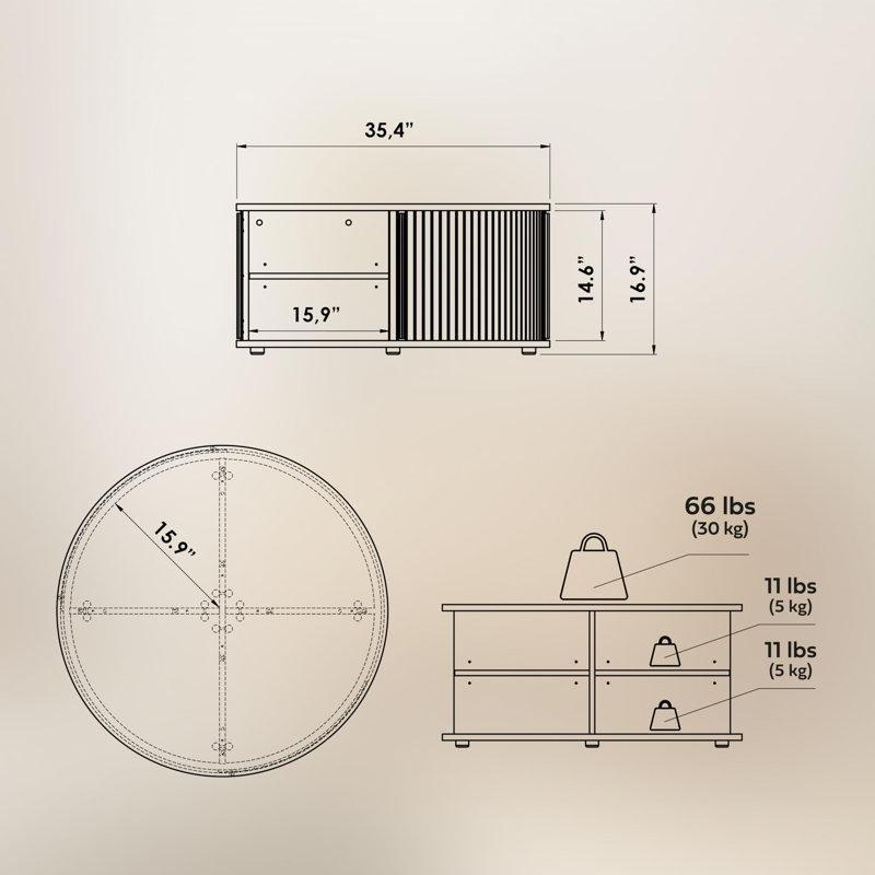 Meşe Ahşap Raflı ve Sürgülü Kapaklı Yuvarlak Orta Sehpa - 90 cm - 245272