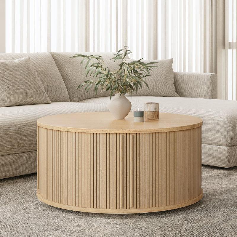 Meşe Ahşap Raflı ve Sürgülü Kapaklı Yuvarlak Orta Sehpa - 90 cm - 245272