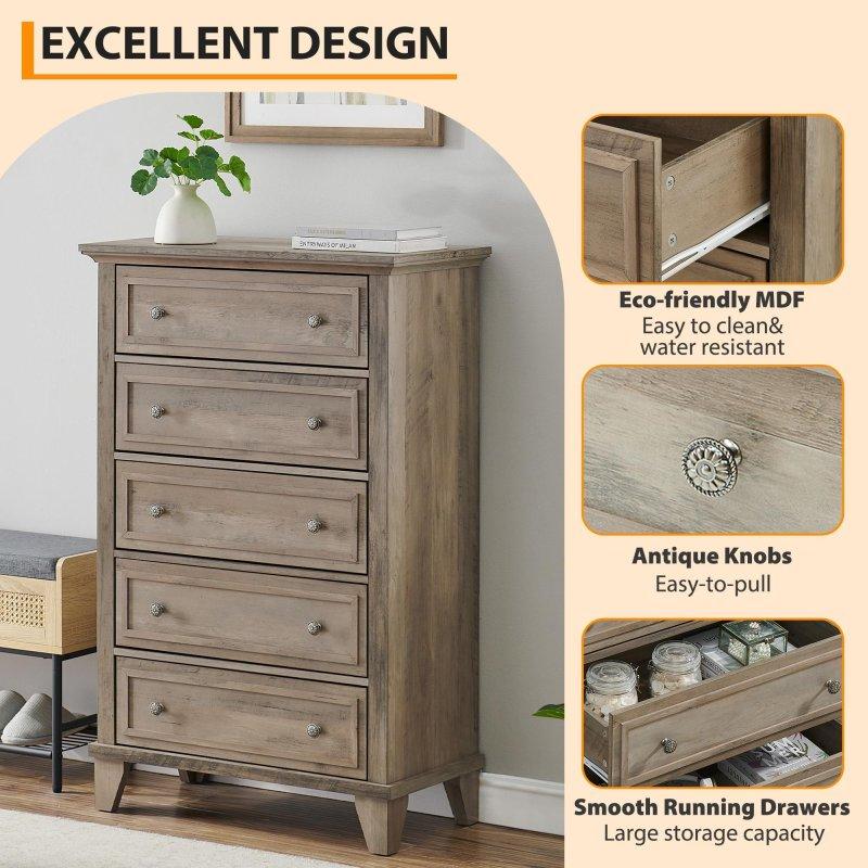 Meşe Ahşap ve MDF 5 Çekmeceli Metal Kulplu Şifonyer - 311707