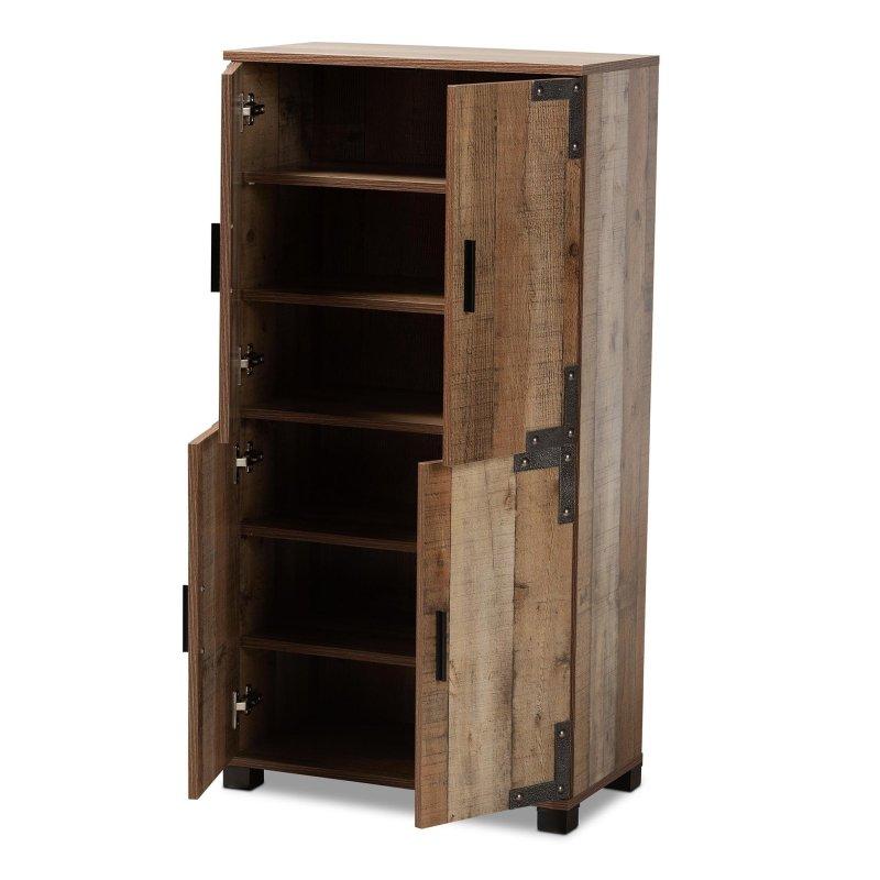 Meşe Kahverengi Rustik 4 Kapaklı Metal Köşeli Ayakkabı Şifonyeri - 60x33x119 cm - 305235