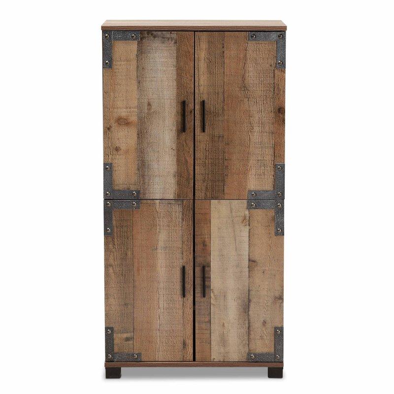 Meşe Kahverengi Rustik 4 Kapaklı Metal Köşeli Ayakkabı Şifonyeri - 60x33x119 cm - 305235