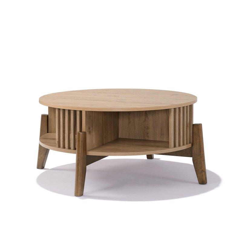Meşe Kauçuk Ağacı Ayaklı Depolama Alanlı Yuvarlak Orta Sehpa - 81 cm - 240131
