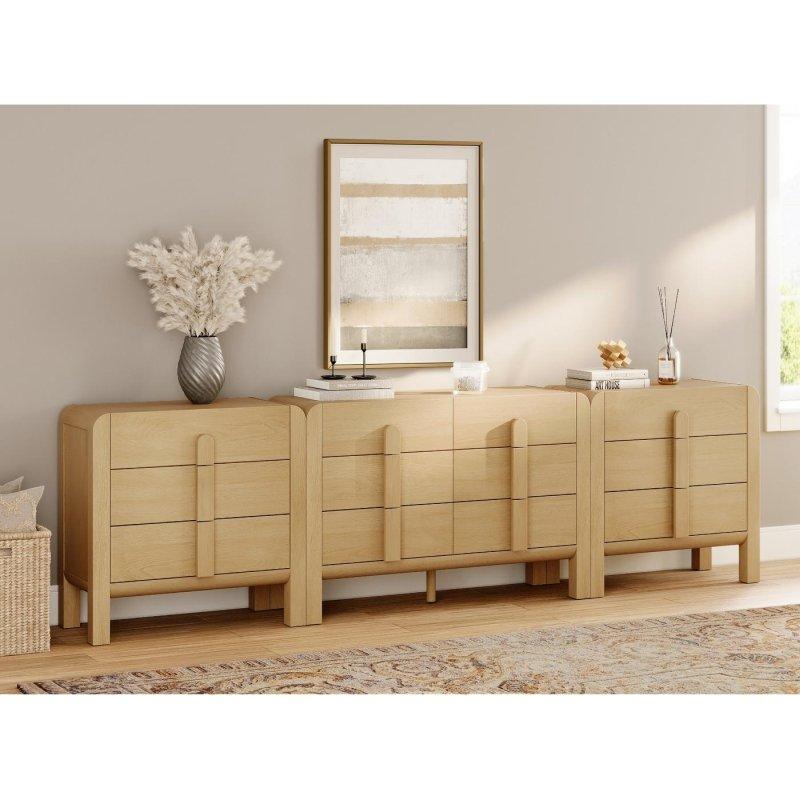 Meşe MDF 12 Çekmeceli 3 Parçalı Kavisli Şifonyer Seti - 280 cm - 300026