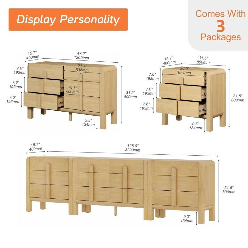 Meşe MDF 12 Çekmeceli 3 Parçalı Kavisli Şifonyer Seti - 280 cm - 300026