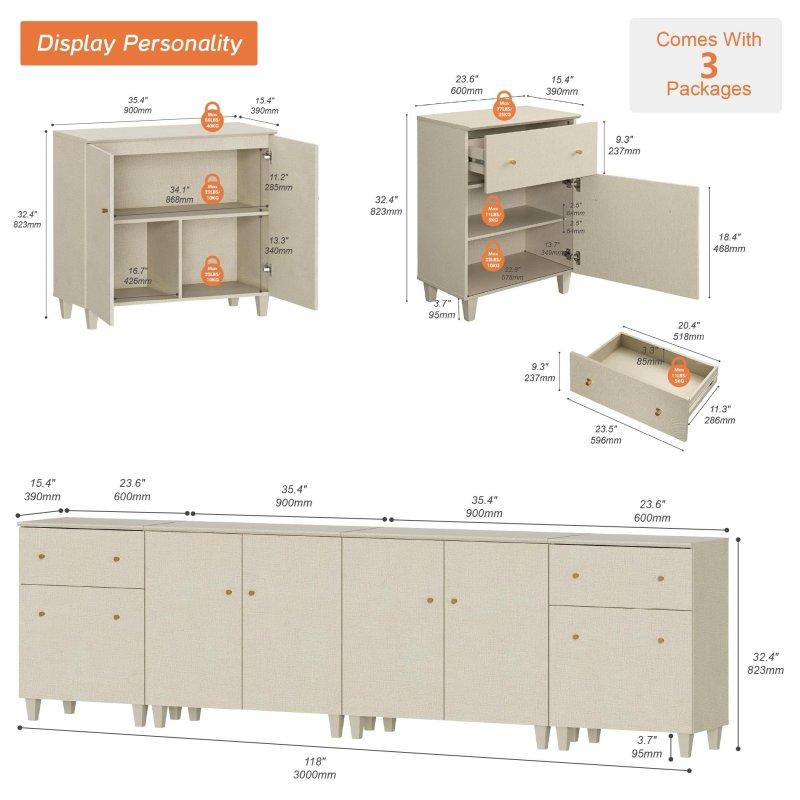 Meşe MDF 2 Çekmeceli 4 Kapaklı Geniş Şifonyer - 300 cm - 304781