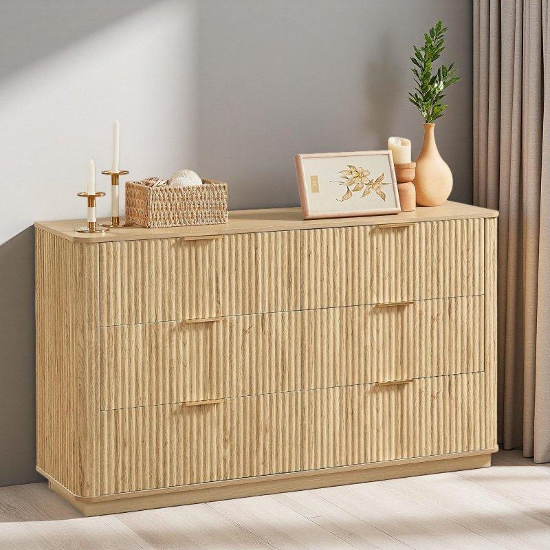 Meşe MDF Dalga Desenli 6 Çekmeceli Şifonyer - 141x40x80 cm - 306396