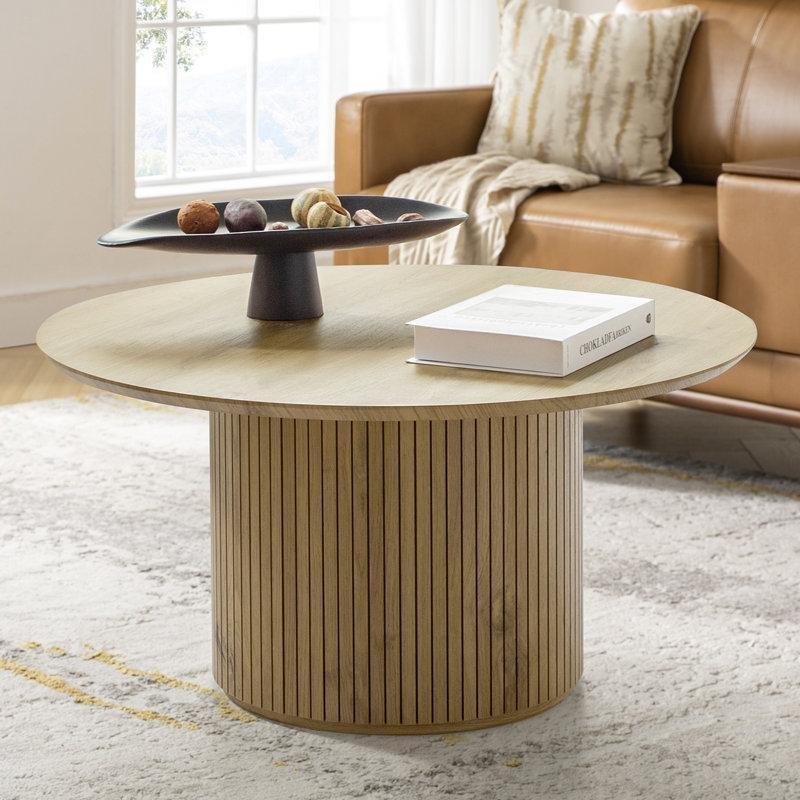 Meşe MDF Dikey Yivli Tambur Tasarım Yuvarlak Orta Sehpa - 81 cm - 245878