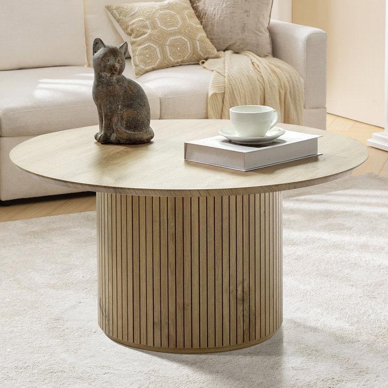 Meşe MDF Dikey Yivli Tambur Tasarım Yuvarlak Orta Sehpa - 81 cm - 245878