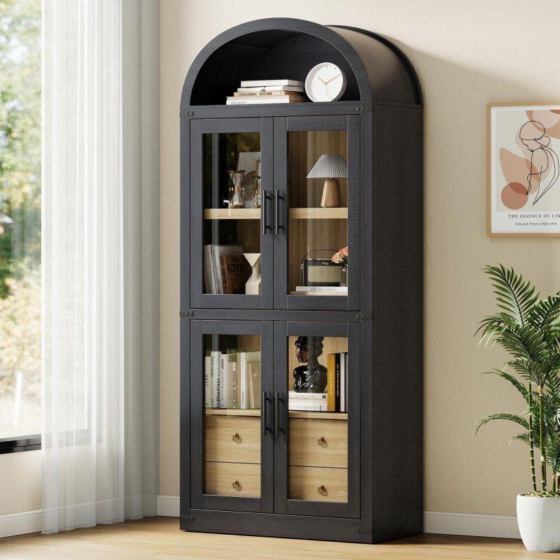 Meşe MDF Kemerli Çekmeceli Cam Kapaklı Kitaplık - 182x76x41 cm - 238903