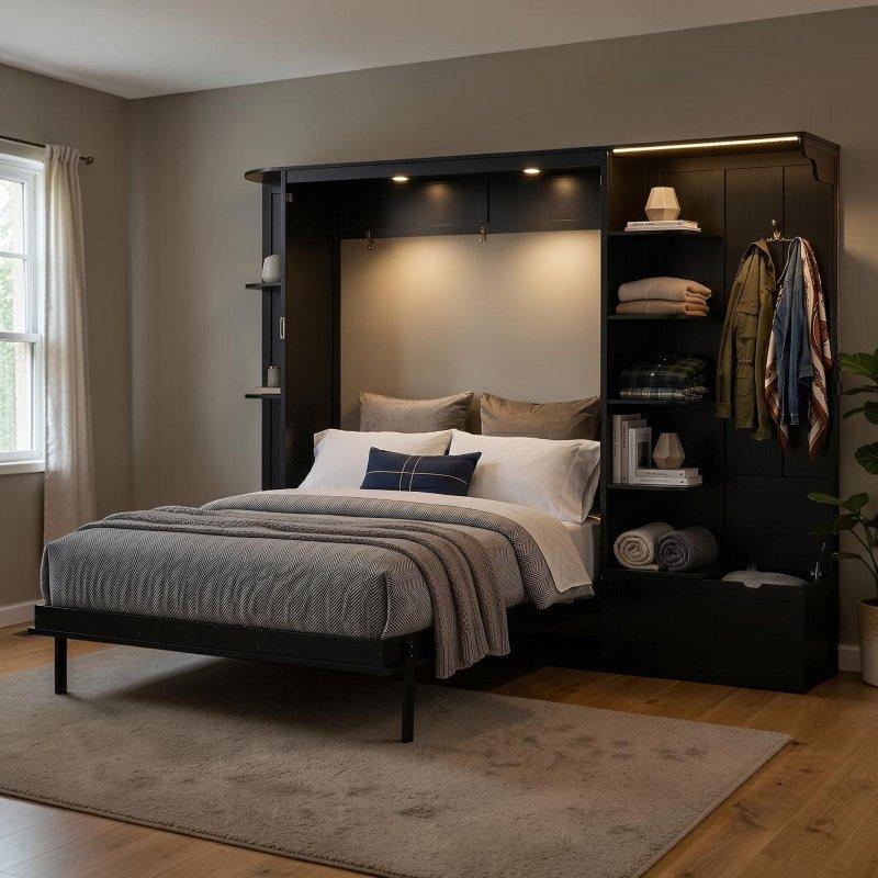 Meşe MDF LED Aydınlatmalı Raflı ve Dolaplı Duvar Yatağı - Queen Size - 264392