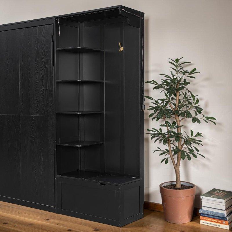 Meşe MDF LED Aydınlatmalı Raflı ve Dolaplı Duvar Yatağı - Queen Size - 264392