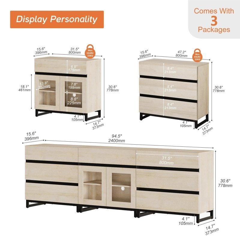 Meşe MDF Metal Ayaklı 7 Çekmeceli Cam Kapaklı Şifonyer - 307312