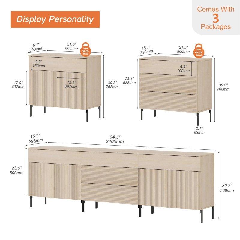 Meşe MDF Metal Ayaklı Yivli 5 Çekmeceli Şifonyer Seti - 241 cm - 296267