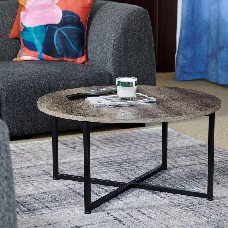 Meşe MDF Tablalı Siyah Metal Çapraz Ayaklı Yuvarlak Orta Sehpa - 81 cm - 242817