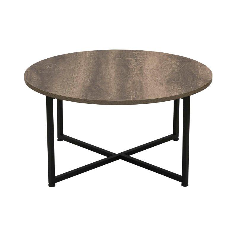 Meşe MDF Tablalı Siyah Metal Çapraz Ayaklı Yuvarlak Orta Sehpa - 81 cm - 242817