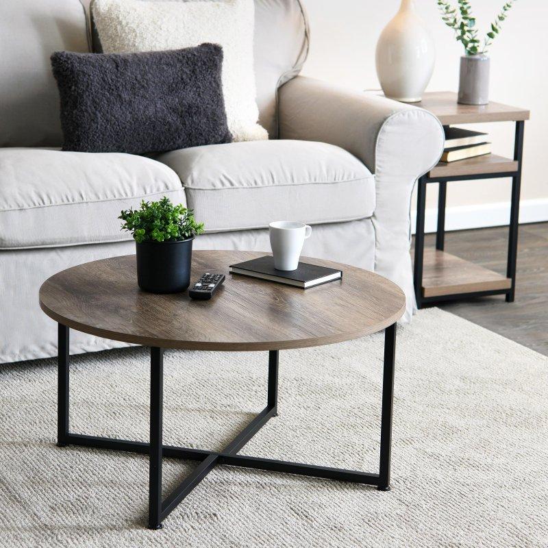 Meşe MDF Tablalı Siyah Metal Çapraz Ayaklı Yuvarlak Orta Sehpa - 81 cm - 242817