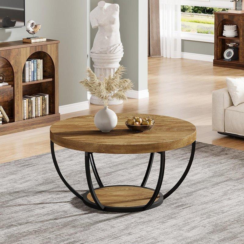 Meşe MDF ve Metal Raflı Yuvarlak Orta Sehpa - 81 cm - 241493