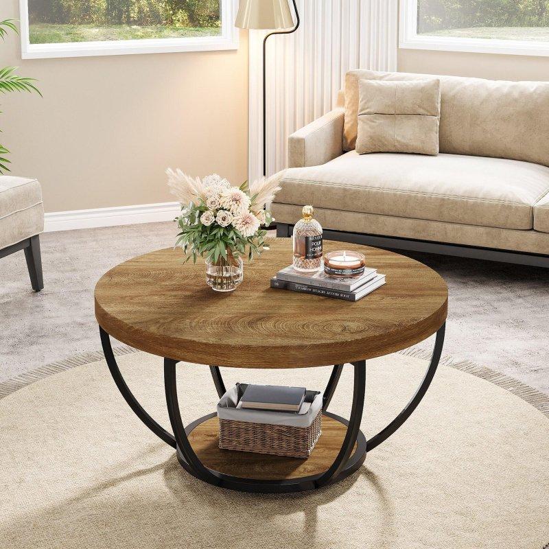 Meşe MDF ve Metal Raflı Yuvarlak Orta Sehpa - 81 cm - 241493
