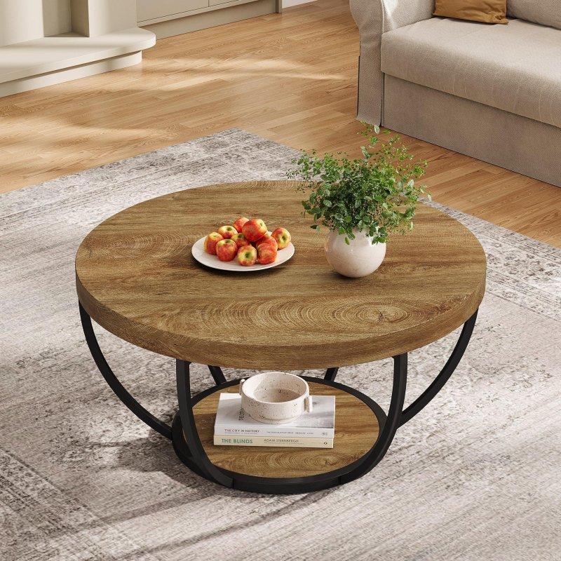Meşe MDF ve Metal Raflı Yuvarlak Orta Sehpa - 81 cm - 241493