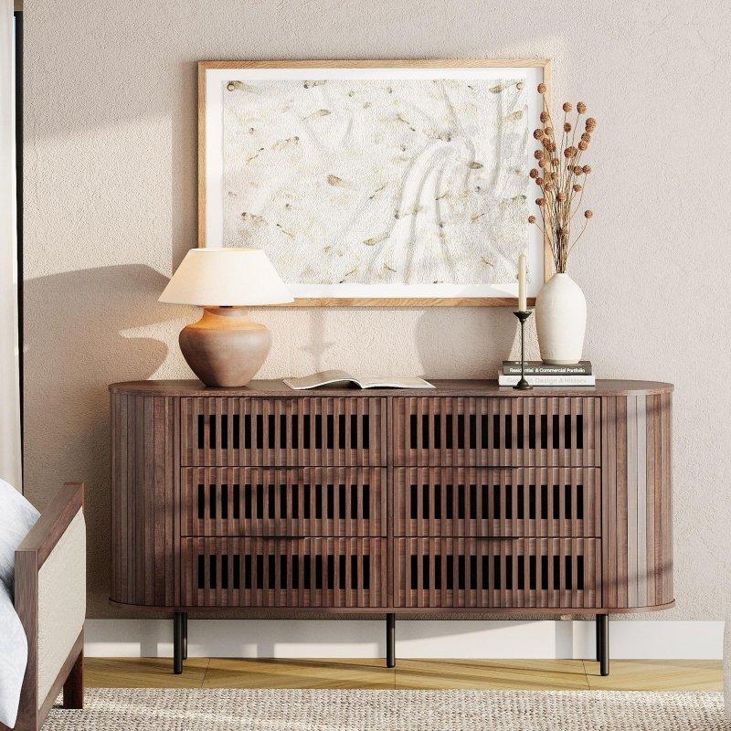 Meşe MDF Yivli 6 Çekmeceli Metal Ayaklı Şifonyer - 161 cm - 304042