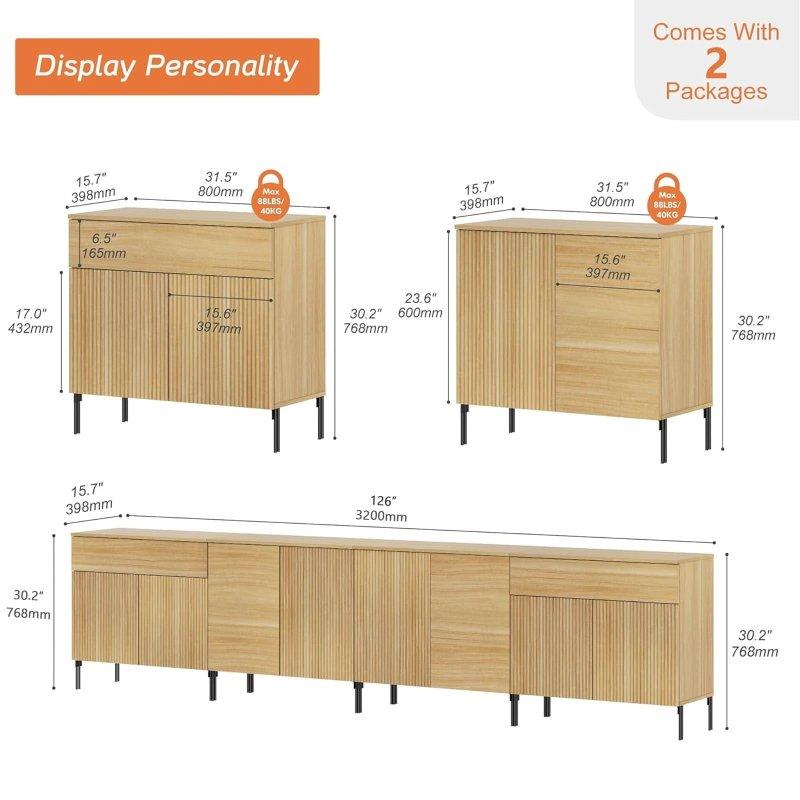 Meşe MDF Yivli Kapaklı ve Çekmeceli Modern Şifonyer Seti - 321 cm - 301706
