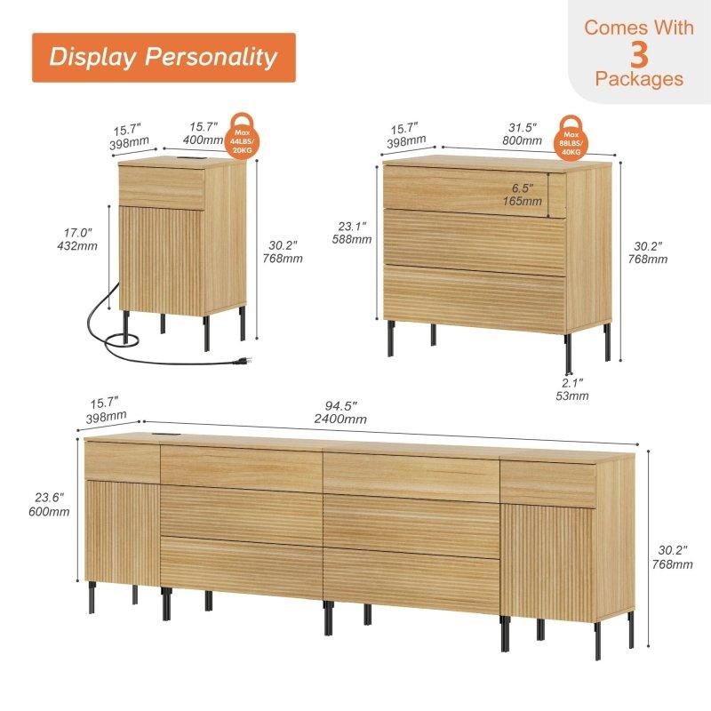 Meşe MDF Yivli Tasarımlı 8 Çekmeceli USB Şarjlı Şifonyer - 241 cm - 294815