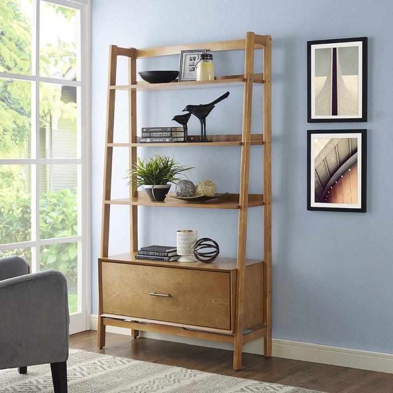 Meşe Palamudu Rengi MDF ve Kauçuk Ağacı Çekmeceli Kitaplık - 97x39x179 cm - 314597