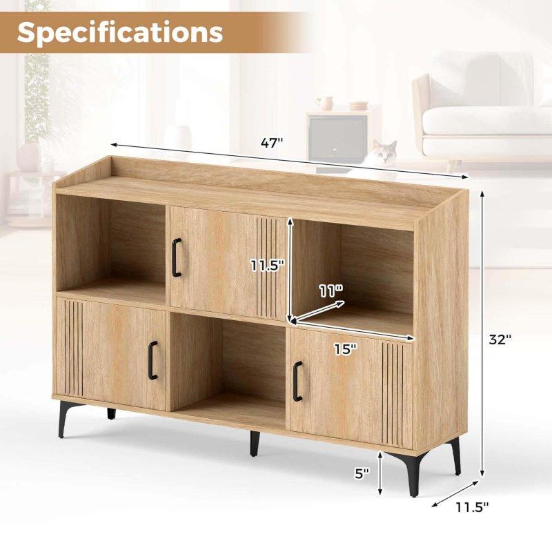 Meşe Rengi Ahşap Metal Ayaklı 3 Kapaklı ve Açık Raflı Kitaplık - 120 cm - 313020