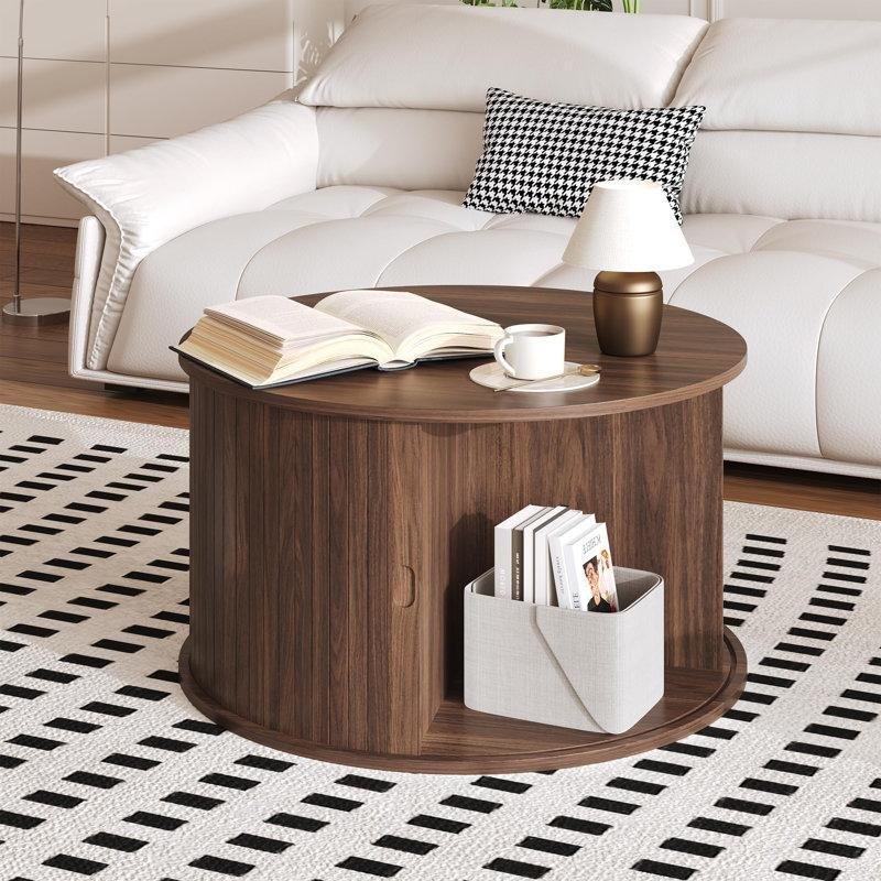 Meşe Rengi Masif ve MDF Depolamalı Yivli Sürgülü Kapaklı Yuvarlak Orta Sehpa - 70 cm - 243820