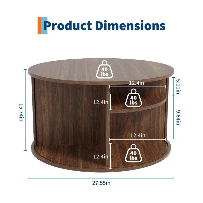 Meşe Rengi Masif ve MDF Depolamalı Yivli Sürgülü Kapaklı Yuvarlak Orta Sehpa - 70 cm - 243820