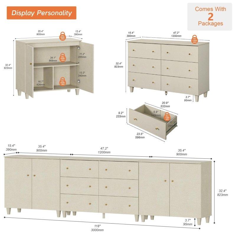 Meşe Rengi MDF 6 Çekmeceli ve 2 Kapaklı Masif Ahşap Ayaklı Şifonyer - 300 cm - 298809
