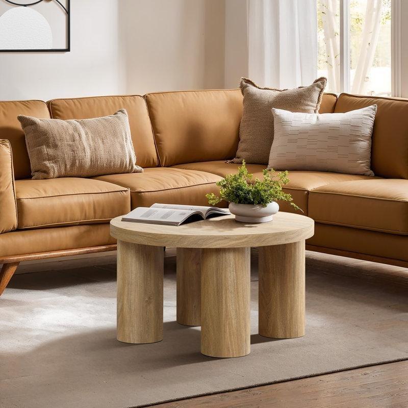 Meşe Rengi MDF Dört Sütun Ayaklı Yuvarlak Orta Sehpa - 71x40 cm - 245780