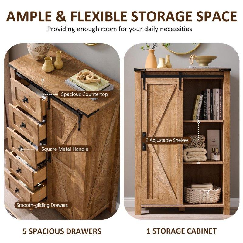 Meşe Rengi MDF Kır Evi Tasarım Sürgü Kapaklı 5 Çekmeceli Şifonyer - 81x42x123 cm - 302502