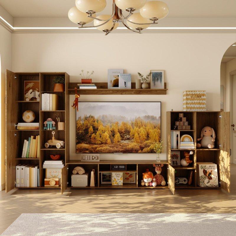 Meşe Rengi MDF Metal Modüler TV Panelli Dolaplı Kitaplık - 321x181x40 cm - 315508